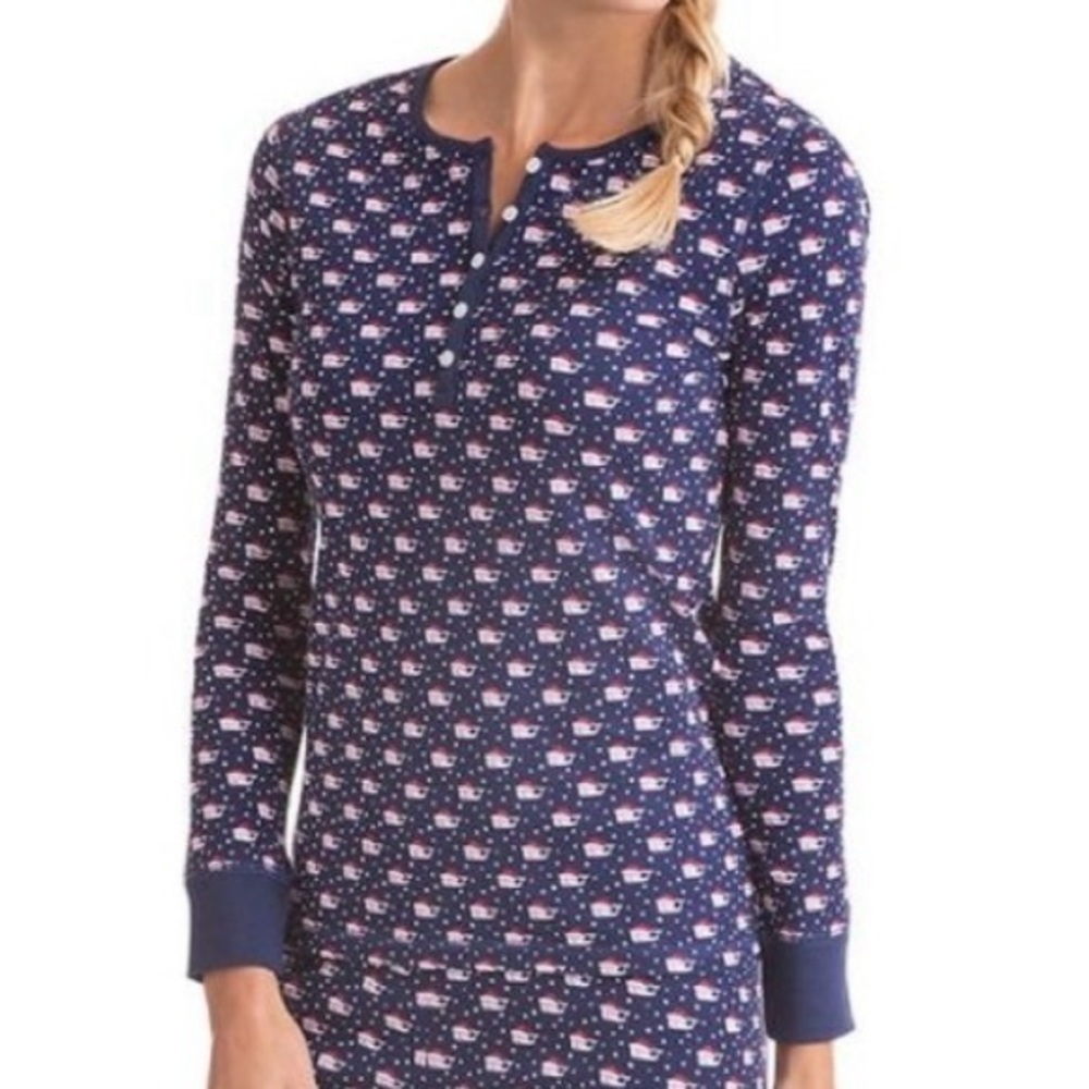 Vineyard Vines Navy Santa Whale Pima Cotton Long Sleeve Crew Neck Pajama Top